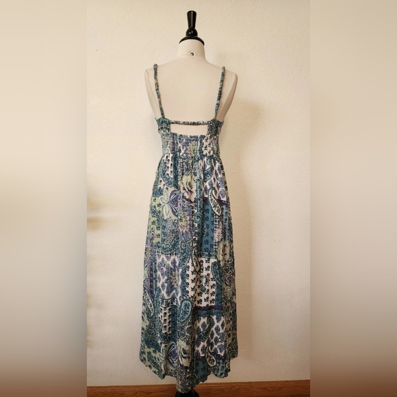 Boho Floral Printed Blue-Green Maxi Dress with Belt - Picture 3 of 4